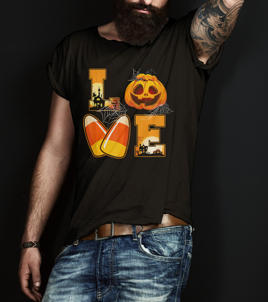 Love Candy Corn Pumpkin Halloween Spiderwebs T-Shirt