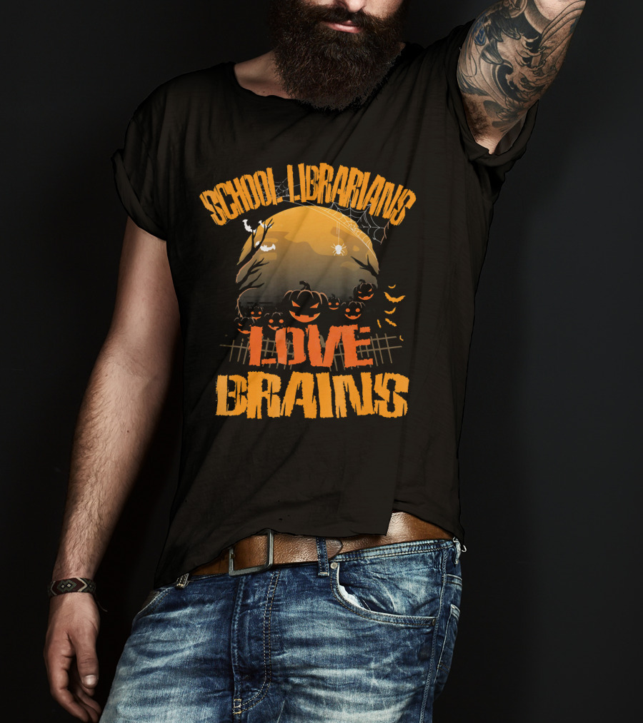 School Librarians Love Brains Halloween Pumpkins Spider Web Moon T-Shirt