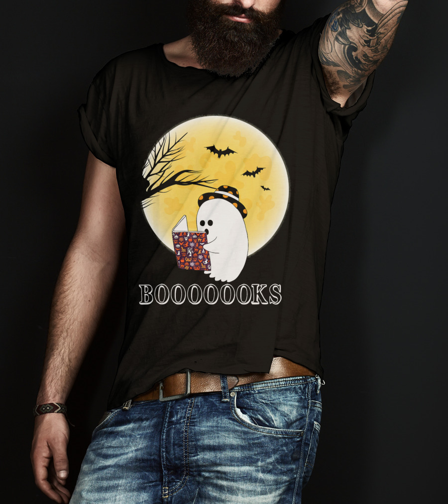 Booooooks Boo Ghost Reading Under The Full Moon Halloween T-Shirt