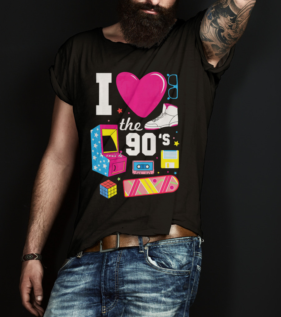 I Love The 90s Retro Arcade Cassette Sneaker Skateboard Rubik's Cube Floppy Disk T-Shirt