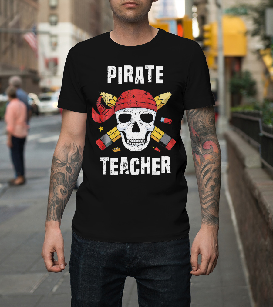 Pirate Teacher Skull With Pencils And Bandana T-Shirt