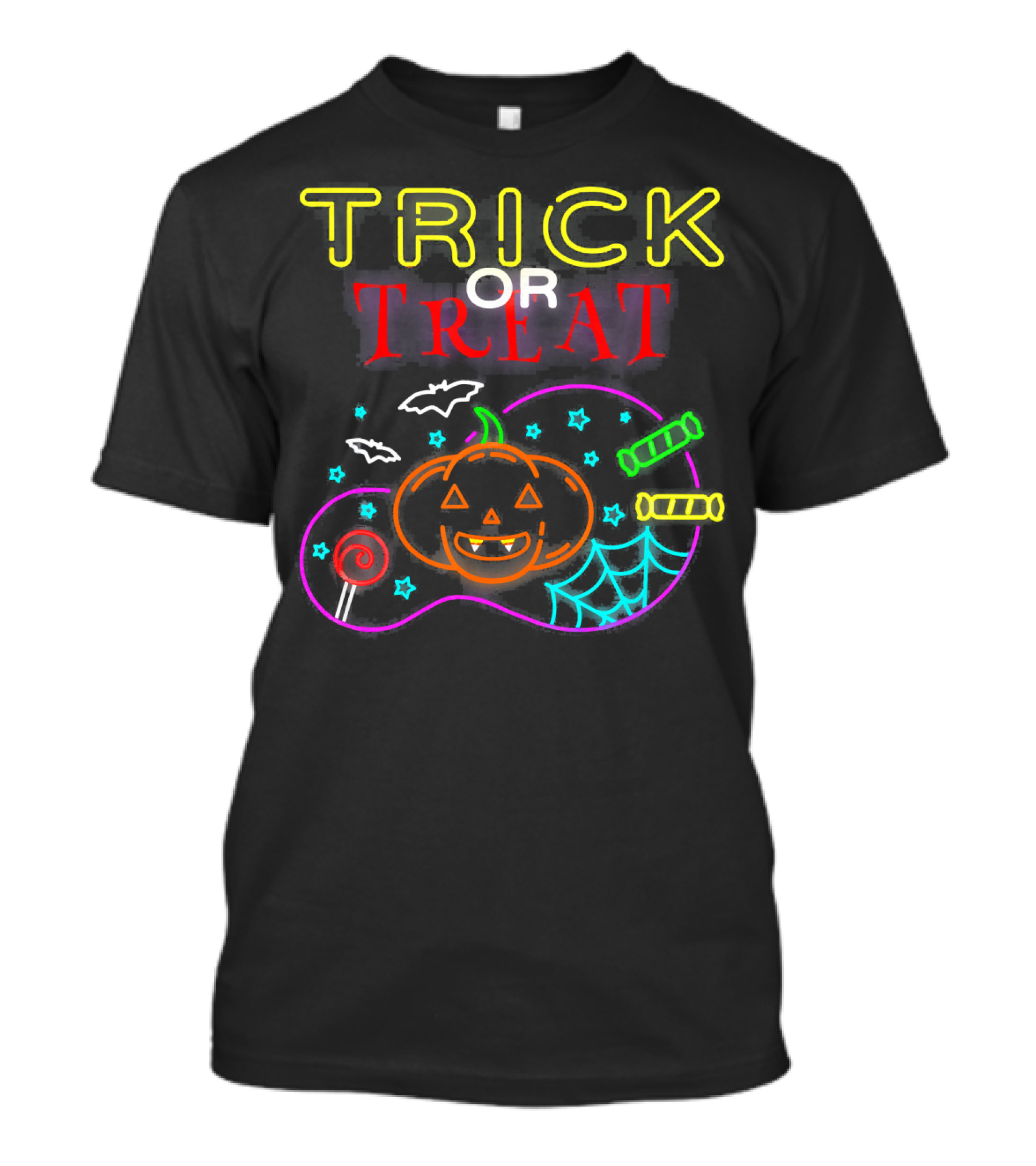 TRICK OR TREAT Scary Halloween Pumpkin Candy Bats Web Neon T-Shirt