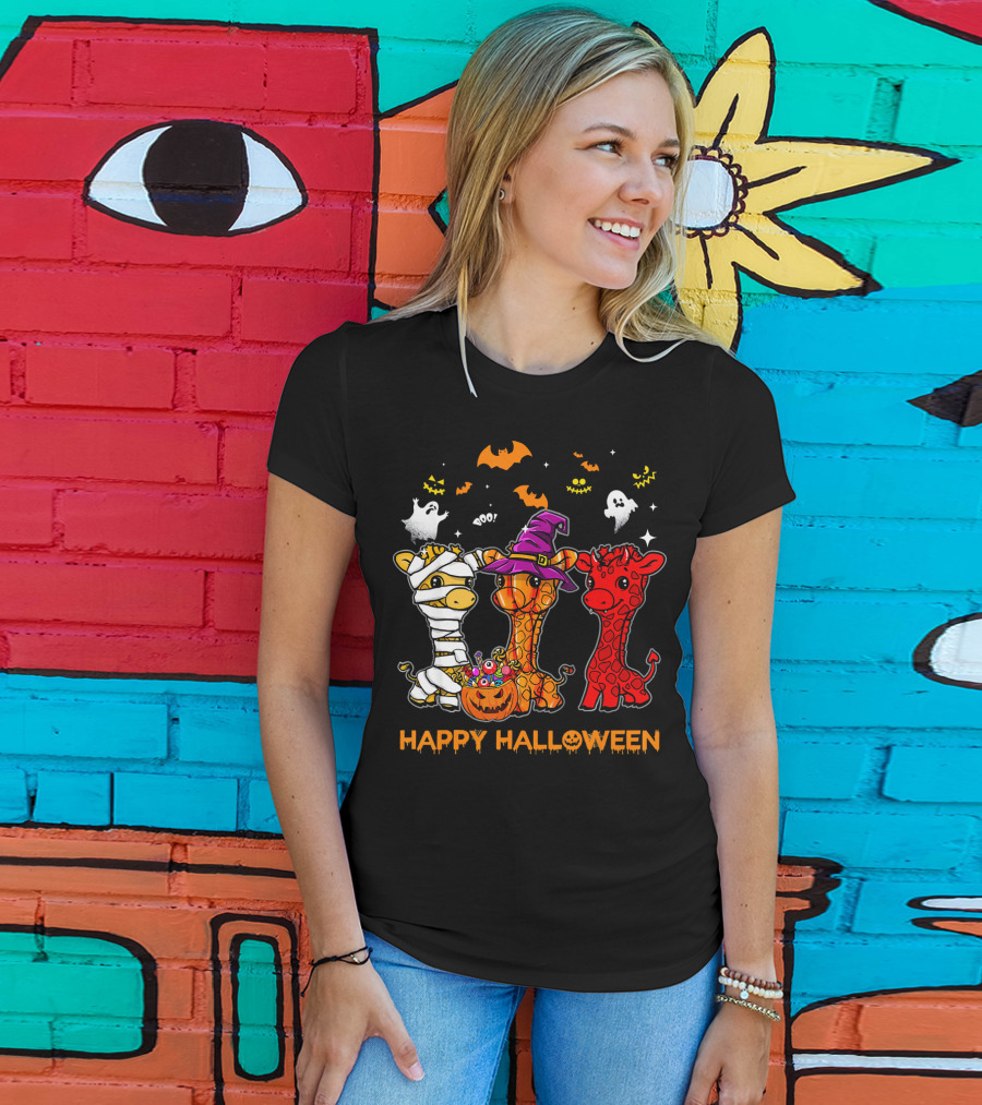 Giraffe Trio In Halloween Costumes With Ghosts And Pumpkin Candy Happy Halloween Cute Mum T-Shirt