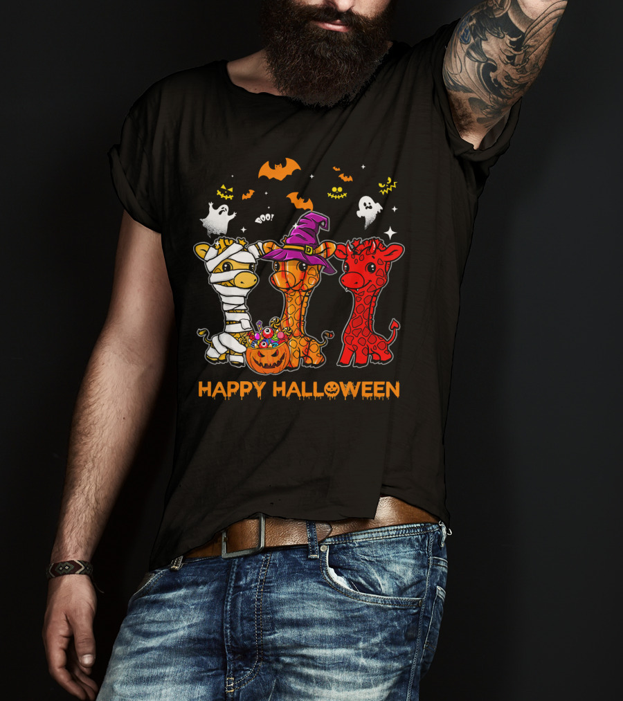 Giraffe Trio In Halloween Costumes With Ghosts And Pumpkin Candy Happy Halloween Cute Mum T-Shirt