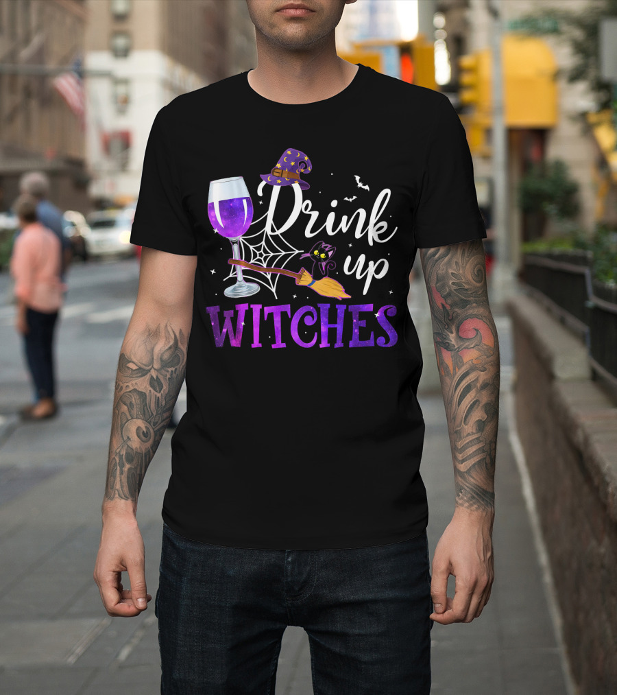Drink Up Witches Wine Glass Purple Cat Broomstick Halloween Magic T-Shirt