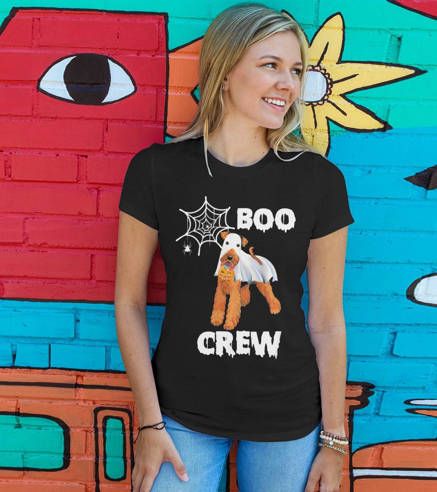 Airedale Terrier Boo Crew Halloween Ghost Costume With Spider Web And Pumpkin T-Shirt