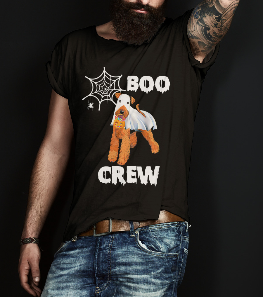 Airedale Terrier Boo Crew Halloween Ghost Costume With Spider Web And Pumpkin T-Shirt