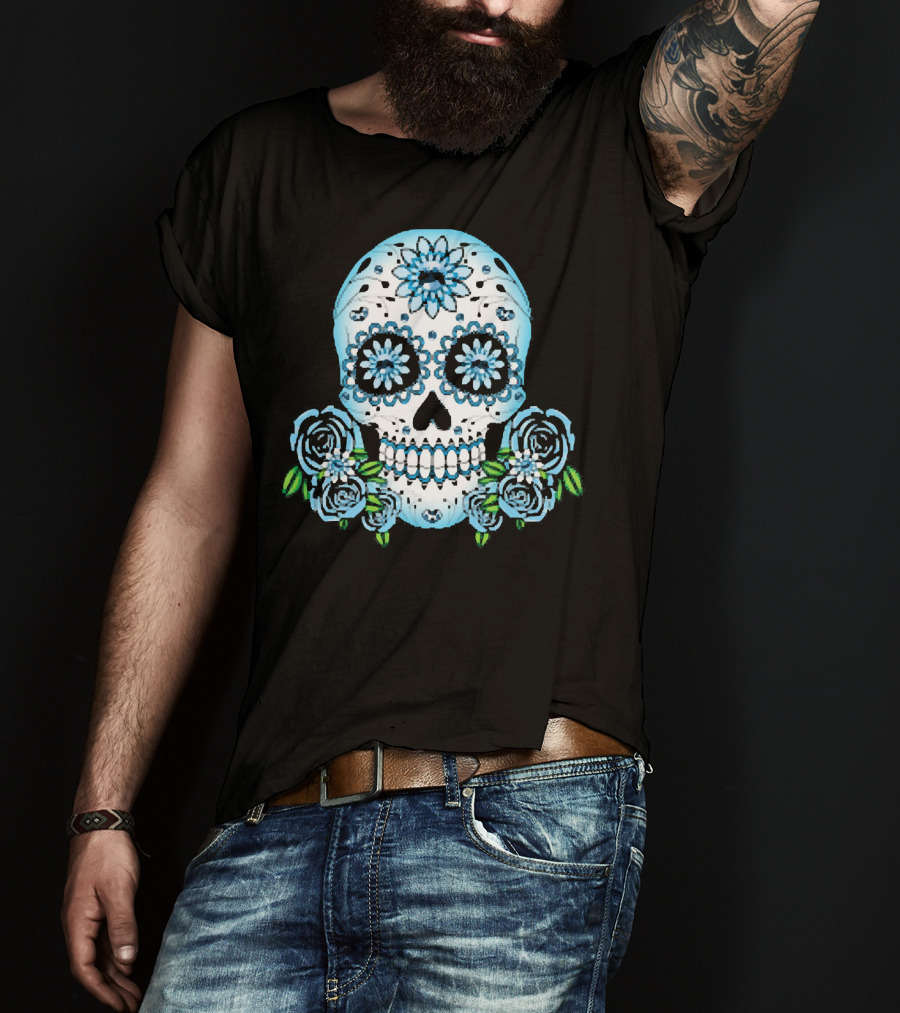 Blue Flowers Sugar Skull Día De Los Muertos Roses T-Shirt