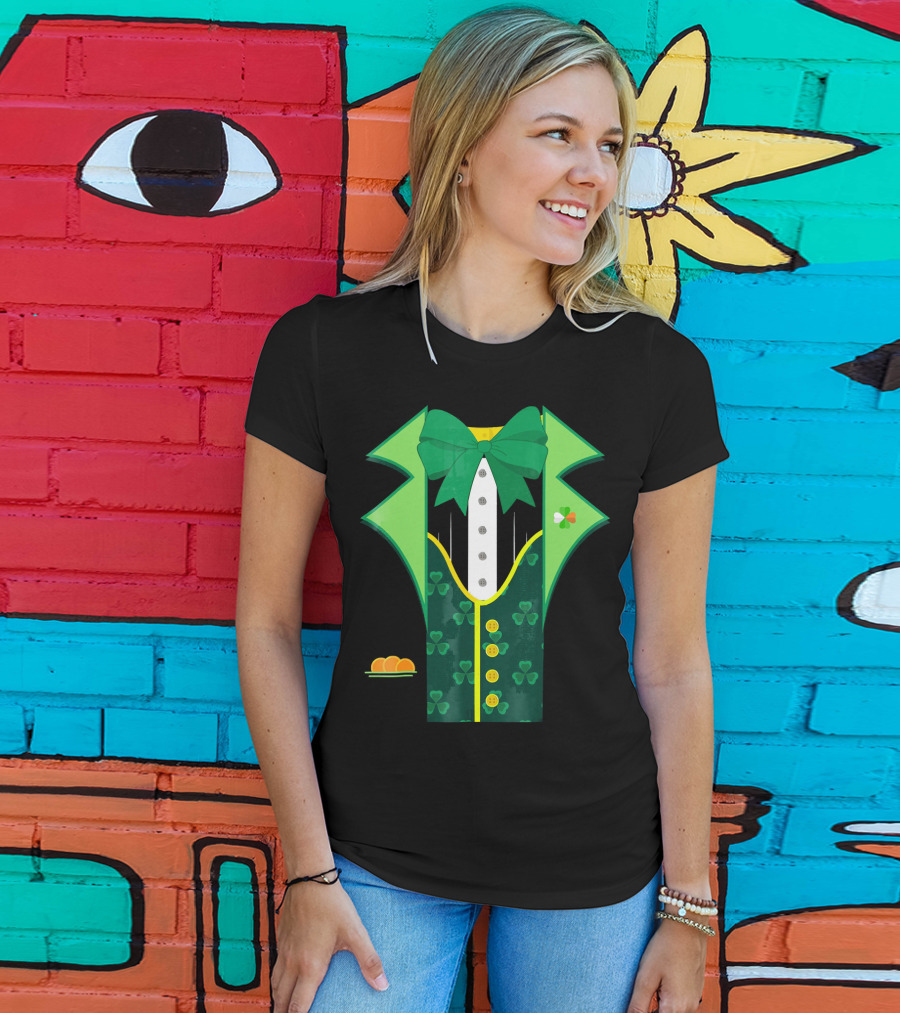 Leprechaun Costume One Sided Green Suit With Bow Tie And Shamrock Symbols T-Shirt