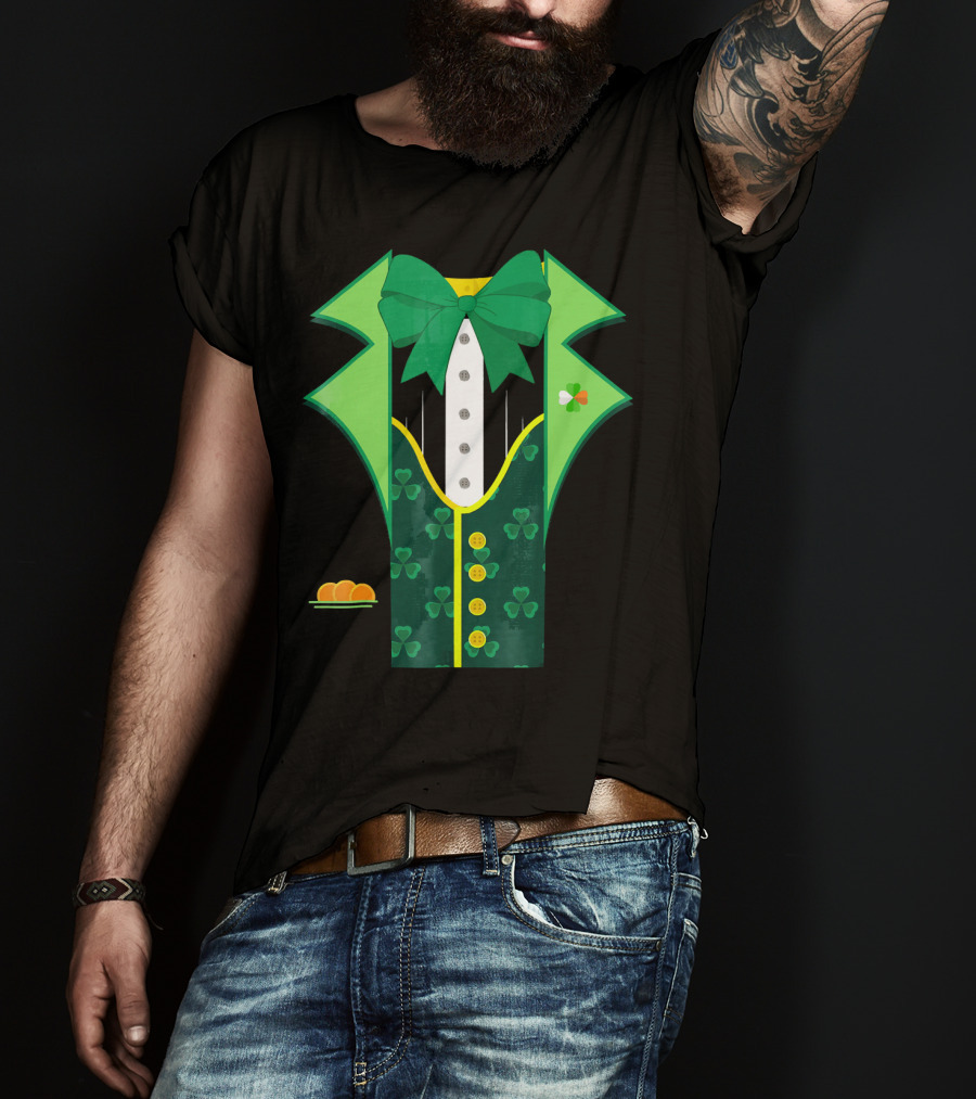 Leprechaun Costume One Sided Green Suit With Bow Tie And Shamrock Symbols T-Shirt