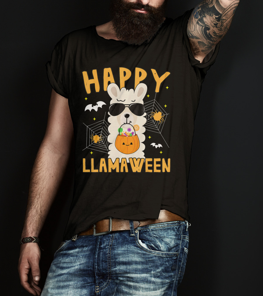 Happy Llamaween Halloween Llama With Sunglasses And Candy Basket T-Shirt