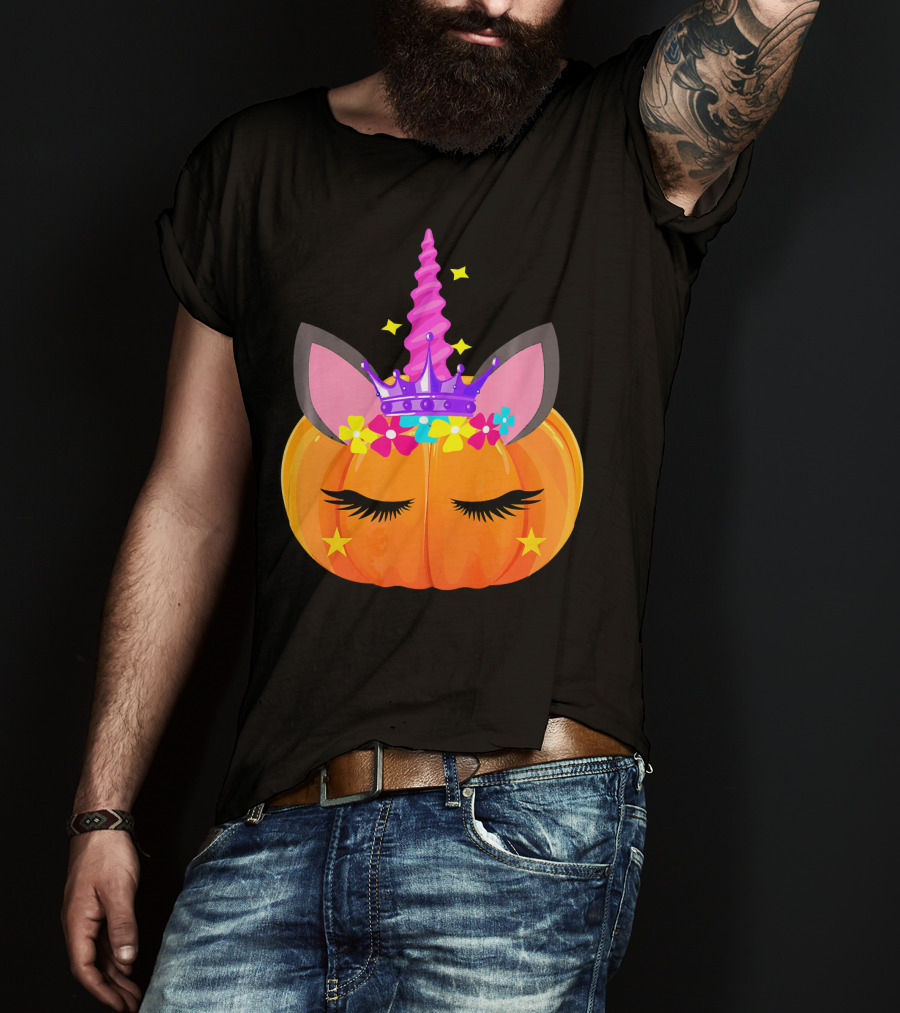 Halloween Pumpkin Unicorn With Floral Crown And Stars T-Shirt