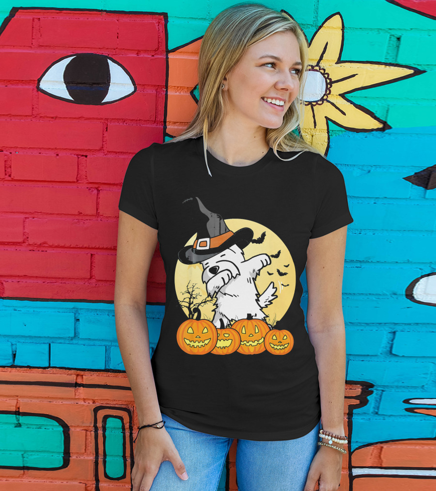 Funny Dabbing Westie Witch With Pumpkins And Bats Halloween Dog Dance T-Shirt