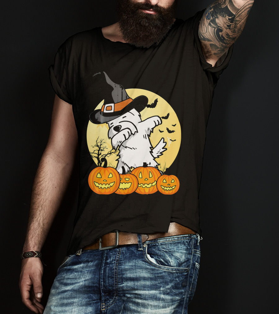Funny Dabbing Westie Witch With Pumpkins And Bats Halloween Dog Dance T-Shirt