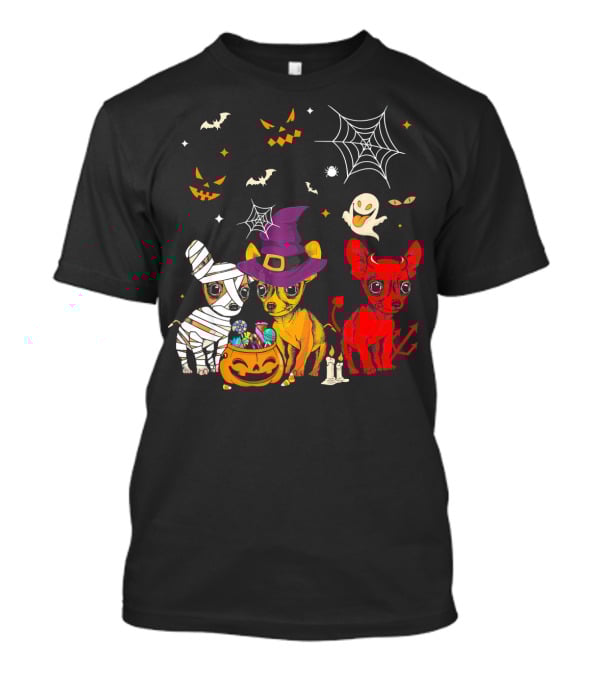 Three Chihuahuas Halloween Mummy Witch Devil T-Shirt