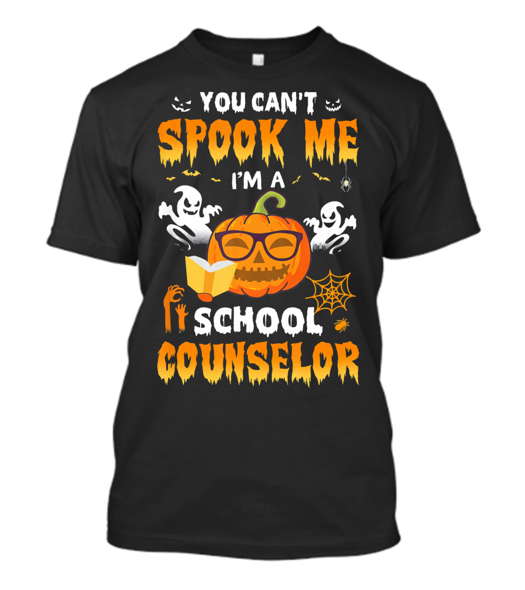 You Can't Spook Me I'm A School Counselor Halloween Pumpkin Ghosts Book Spiders T-Shirt