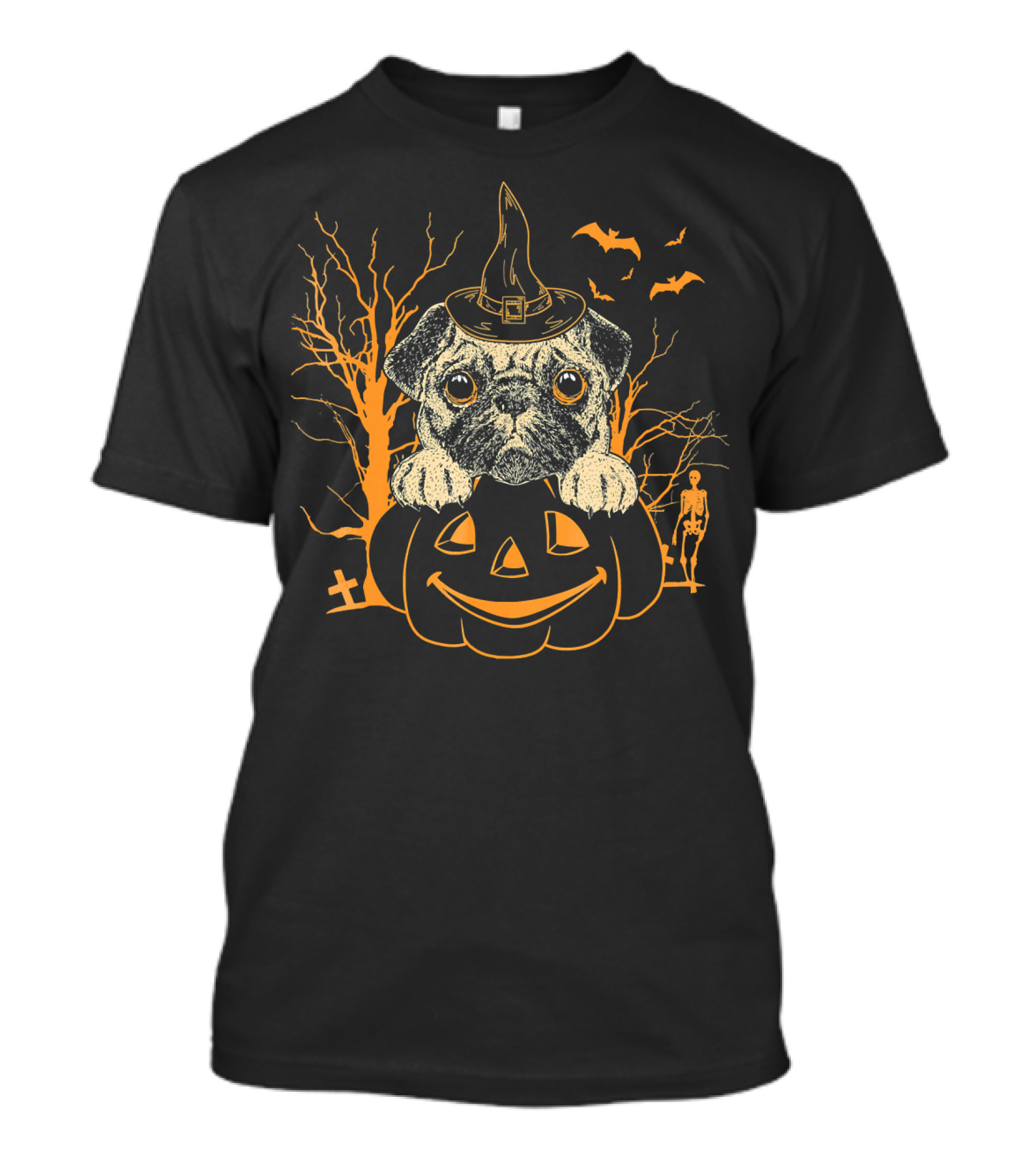 Halloween Pug Witch On Pumpkin With Skeleton And Bats T-Shirt