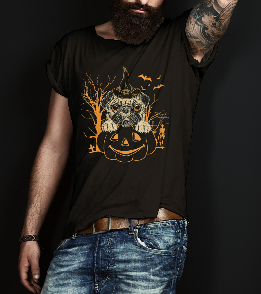 Halloween Pug Witch On Pumpkin With Skeleton And Bats T-Shirt