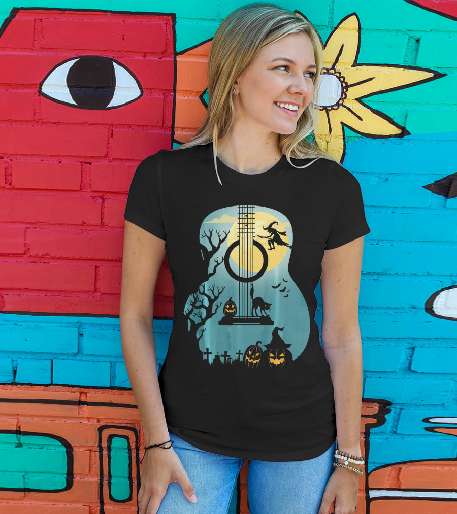 Halloween Guitar Witch Cat Pumpkins And Bat Scene T-Shirt