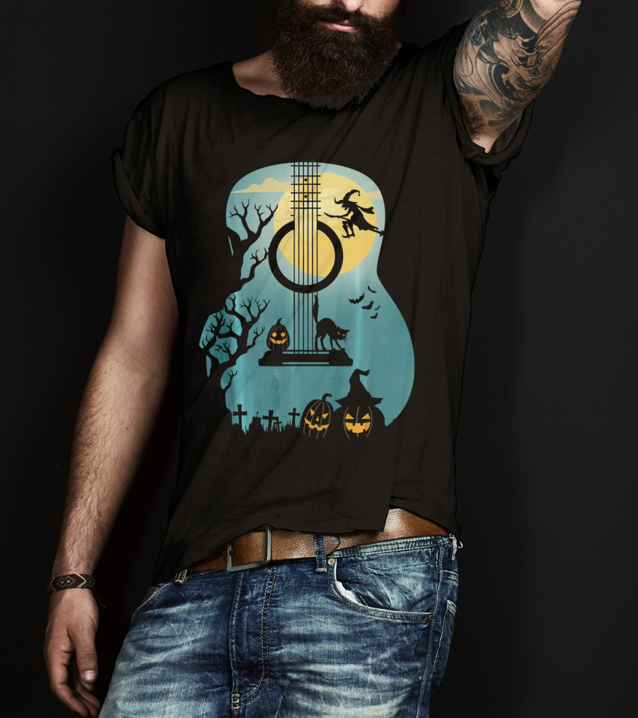 Halloween Guitar Witch Cat Pumpkins And Bat Scene T-Shirt