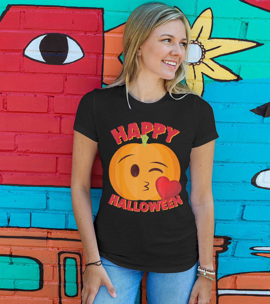 Happy Halloween Blowing Kiss Emoji Pumpkin T-Shirt
