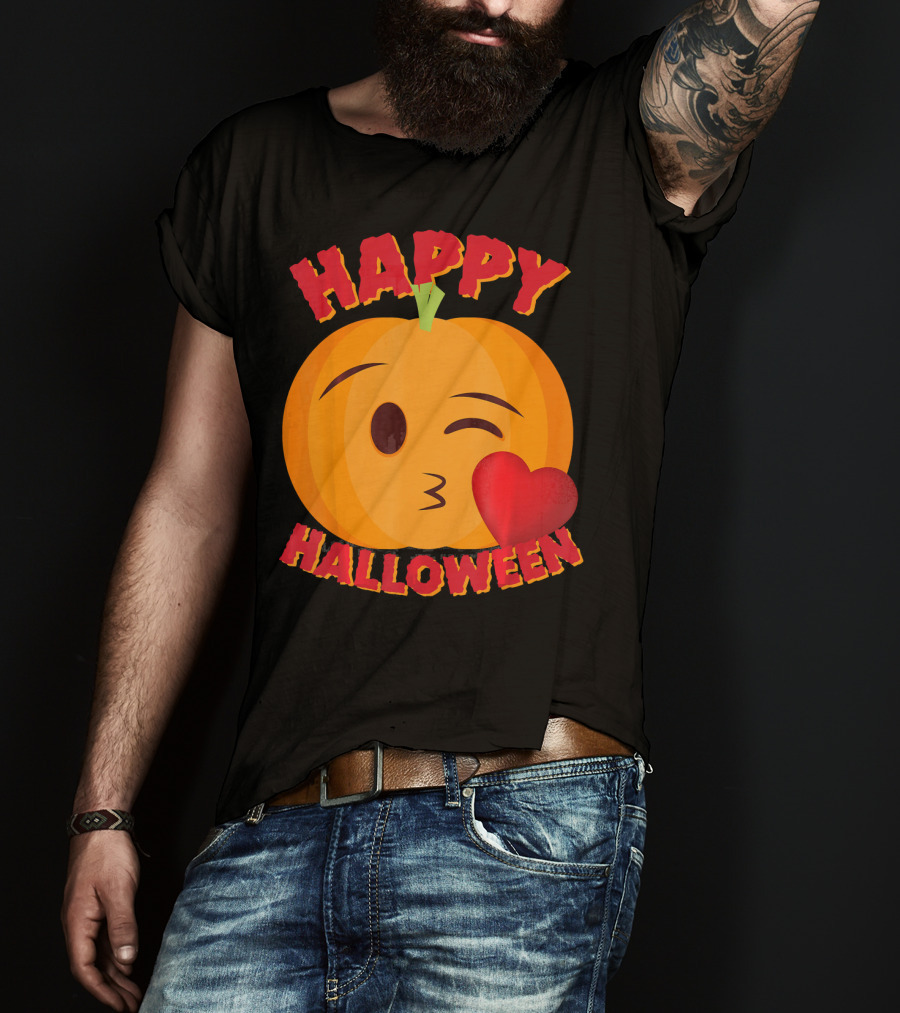 Happy Halloween Blowing Kiss Emoji Pumpkin T-Shirt