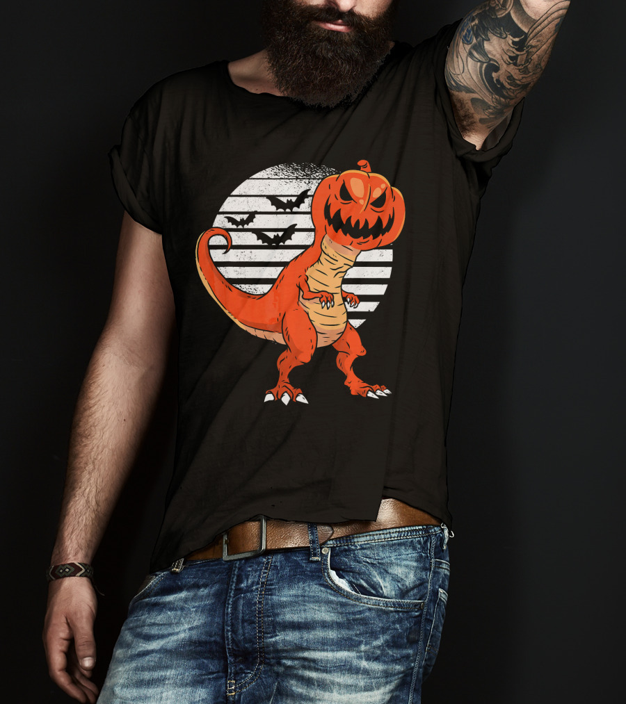 Funny Dinosaur Pumpkin Head Halloween With Bats T-Shirt
