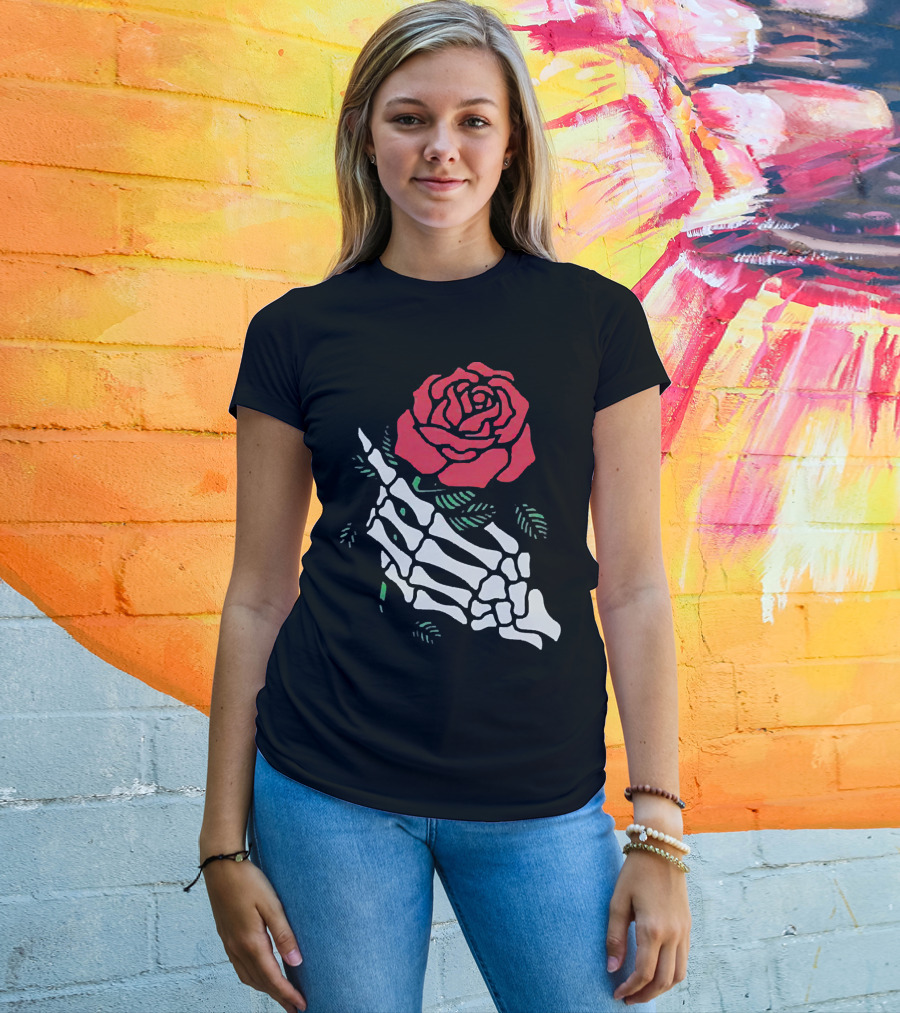 Rose White Skeleton Hand Holding Red Rose T-Shirt