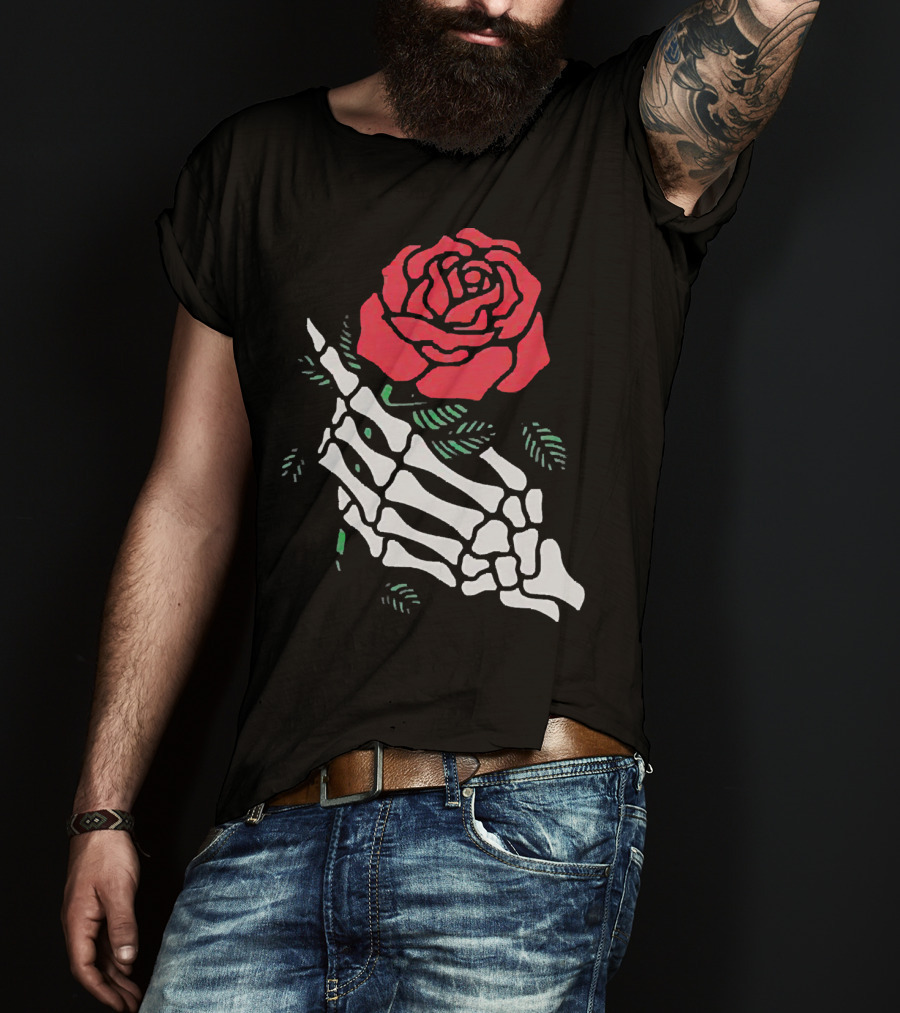 Rose White Skeleton Hand Holding Red Rose T-Shirt