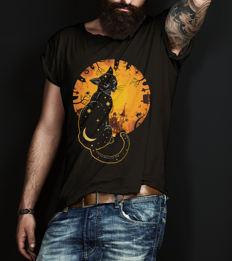 Halloween Black Cat With Stars And Moon In Haunted Landscape T-Shirt