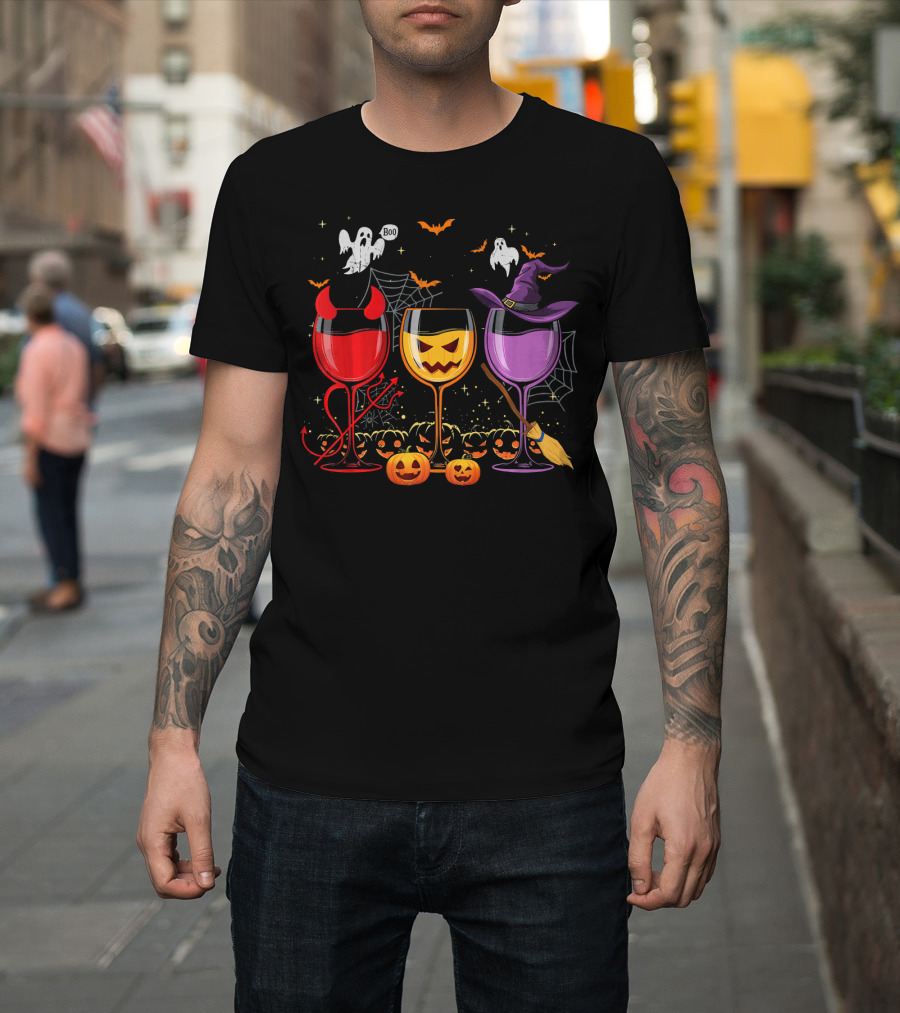 Three Glasses Of Wine Halloween Ghosts Pumpkins Bats Witches Devil T-Shirt