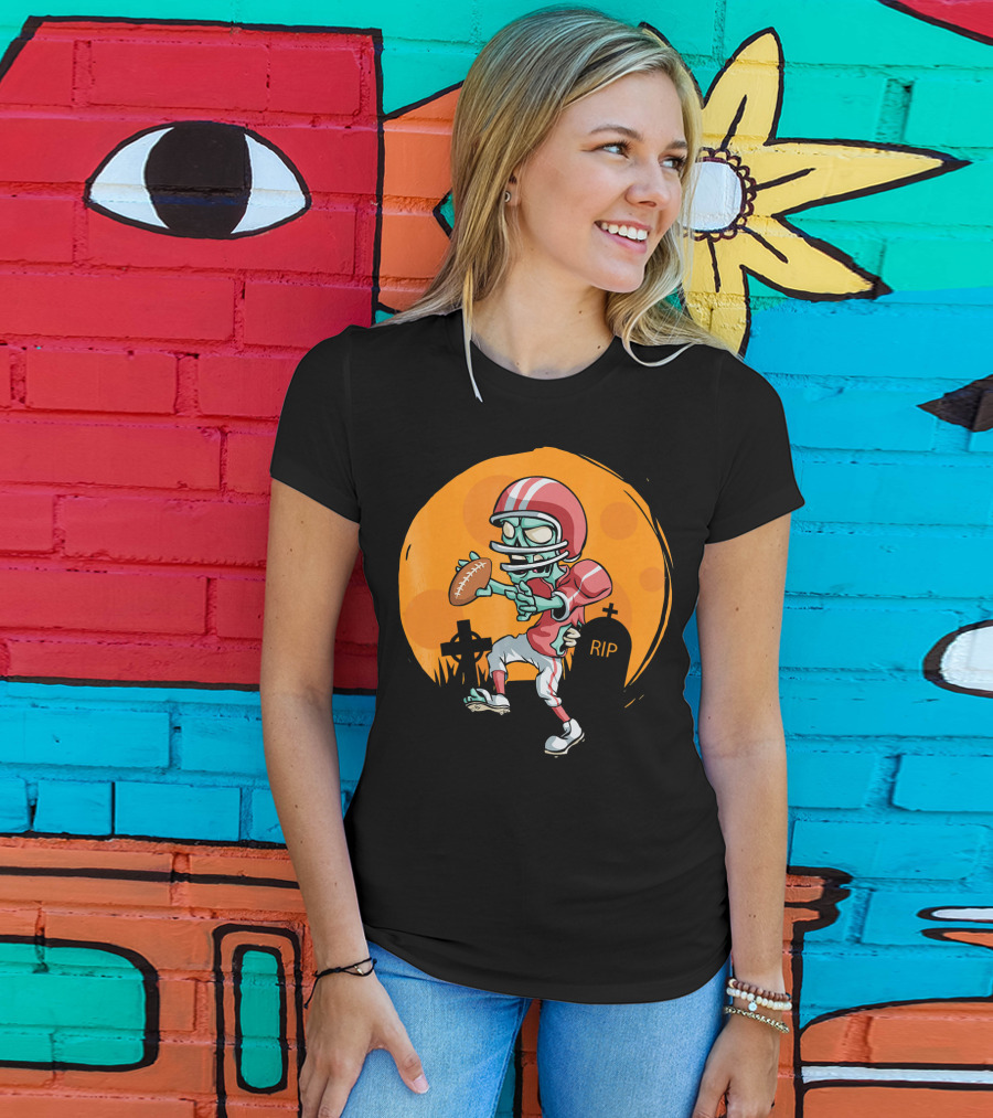 Zombie Football Player Halloween Graveyard Scene T-Shirt
