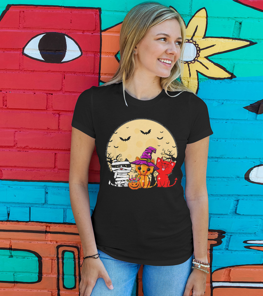 Three Cats Halloween Moon Bats Mummy Witch Devil T-Shirt