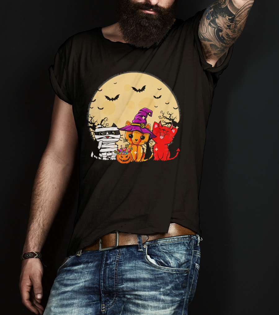 Three Cats Halloween Moon Bats Mummy Witch Devil T-Shirt
