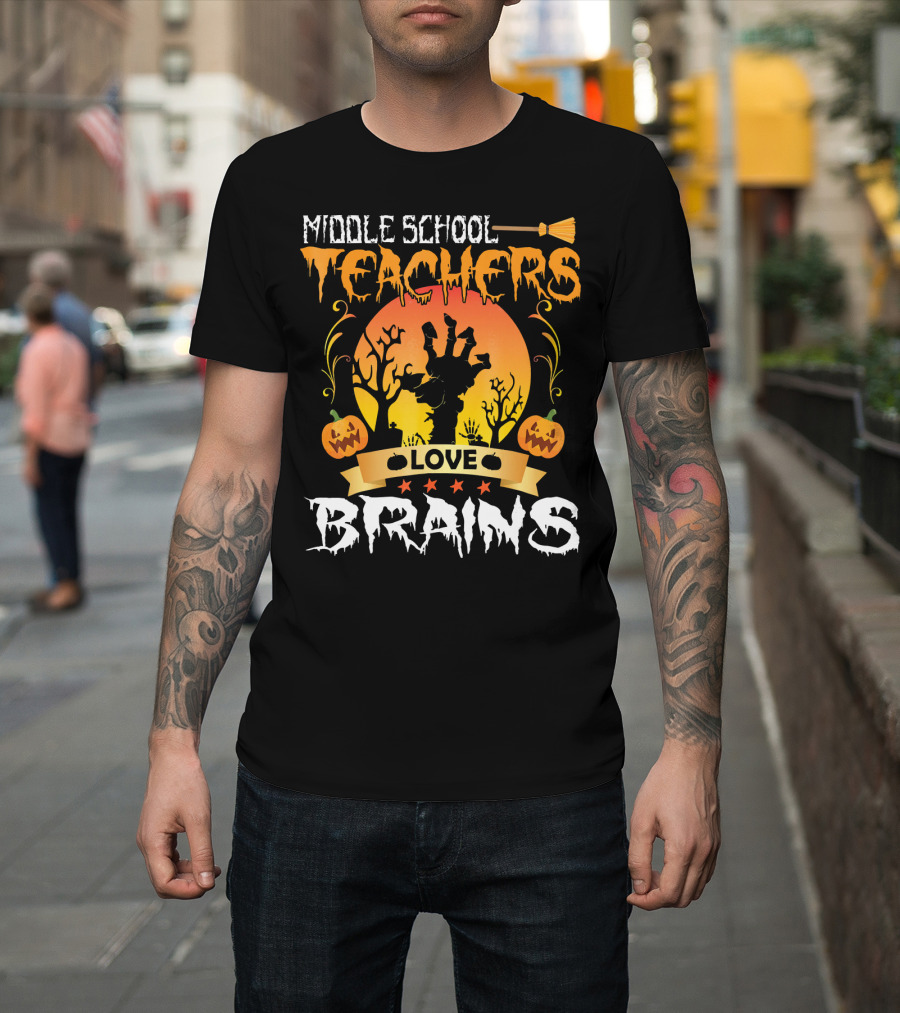 Middle School Teachers Love Brains Moon Tomb Pumpkin T-Shirt