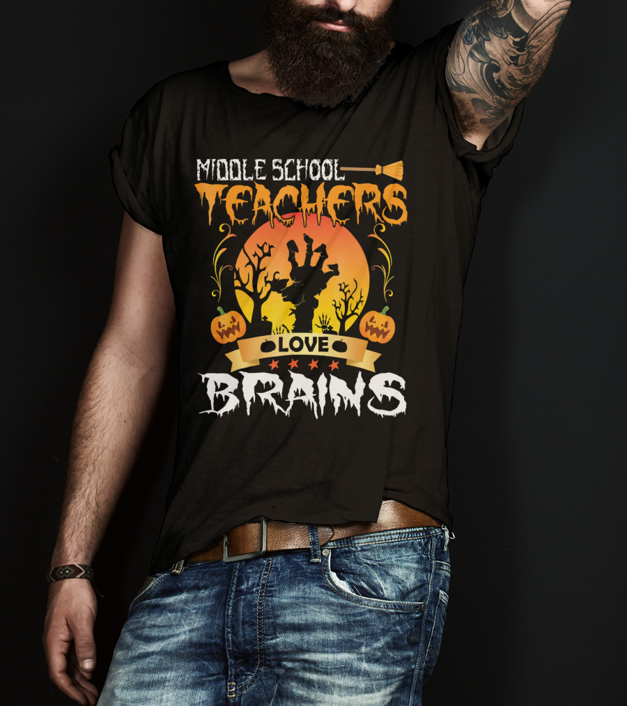 Middle School Teachers Love Brains Moon Tomb Pumpkin T-Shirt