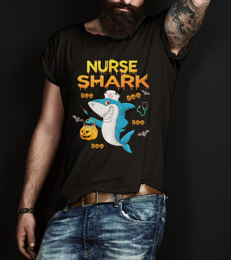 Nurse Shark Halloween Boo Pumpkin Bats Stethoscope T-Shirt
