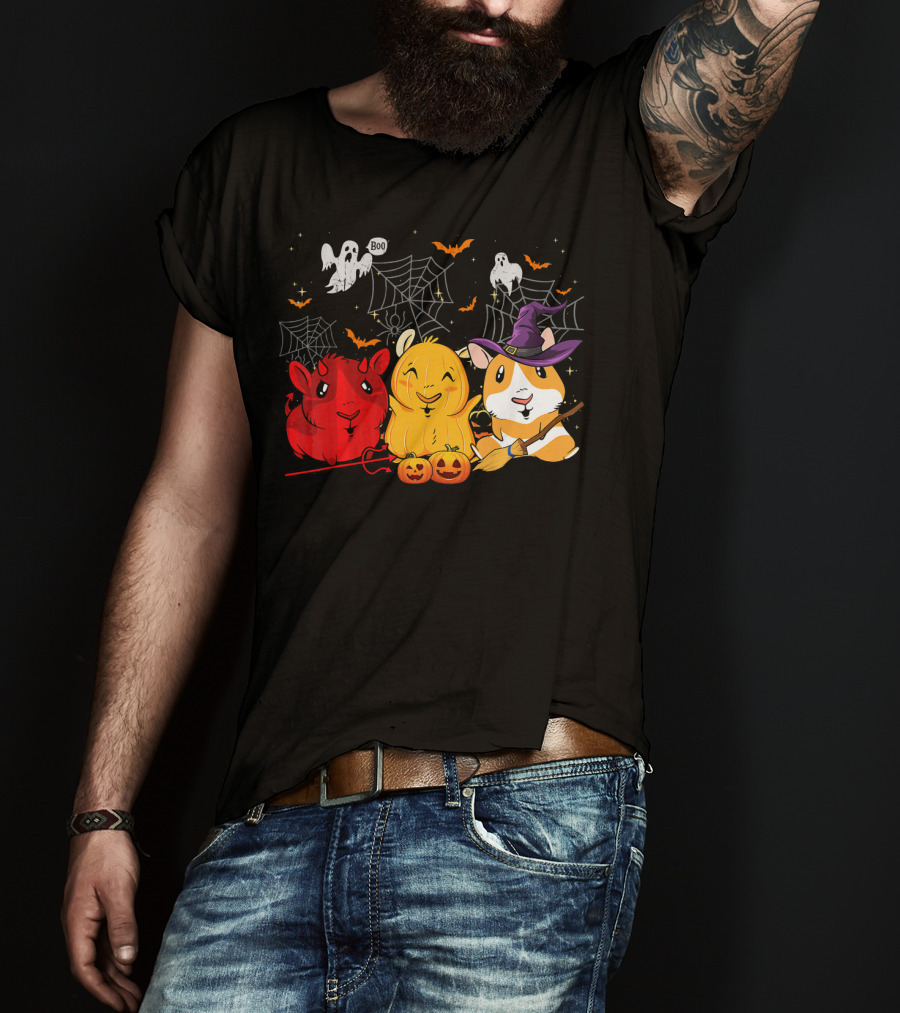 Halloween Funny Guinea Pigs In Costumes With Ghosts And Spiderwebs T-Shirt
