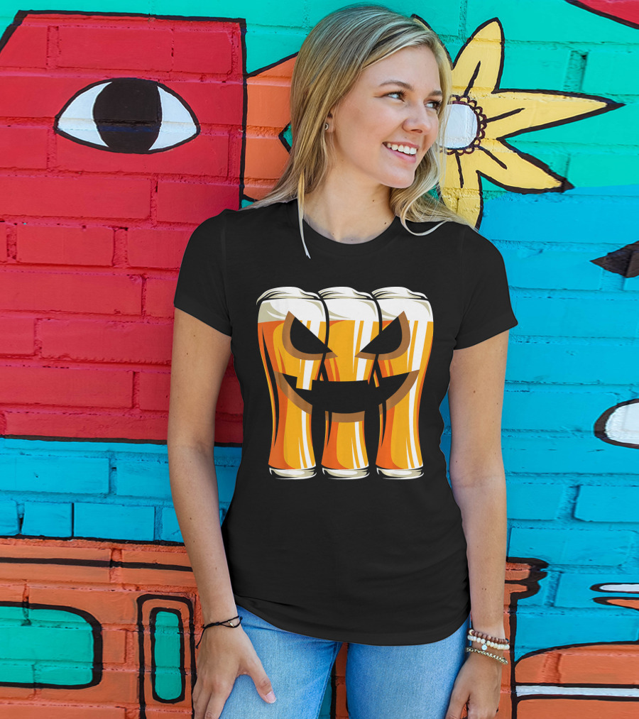 Halloween Pumpkin Beer Glasses Funny Drinking Scary T-Shirt
