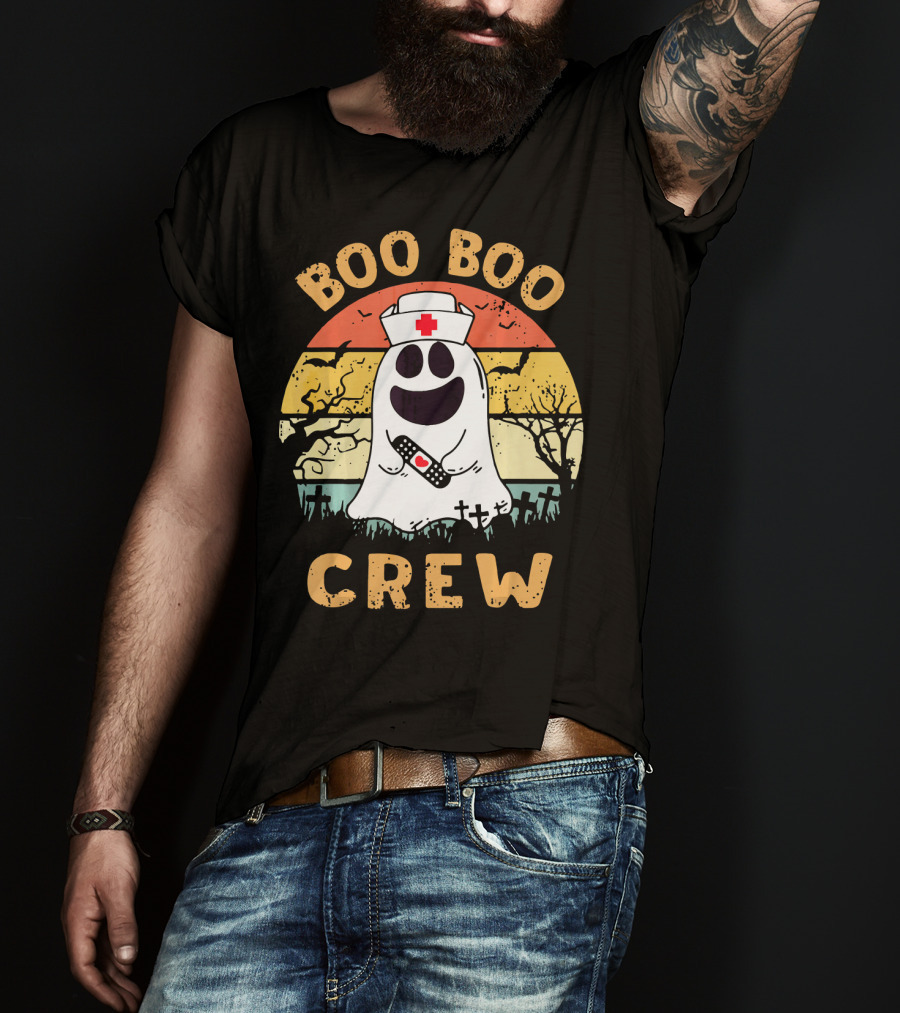 Vintage Halloween Boo Boo Crew Ghost Nurse With Bandage T-Shirt