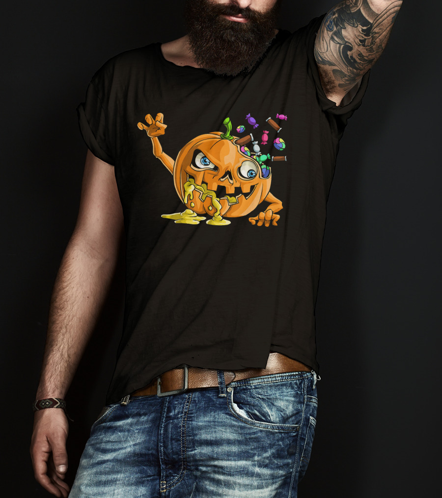 Zombie Pumpkin Funny Halloween Horror Scary Candy Explosion T-Shirt