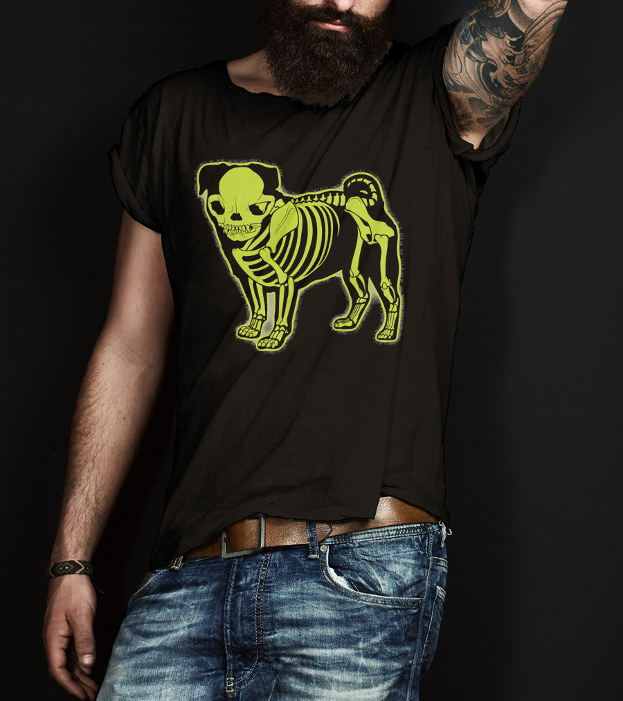 Pug Skeleton Neon Glow Canine Bones T-Shirt