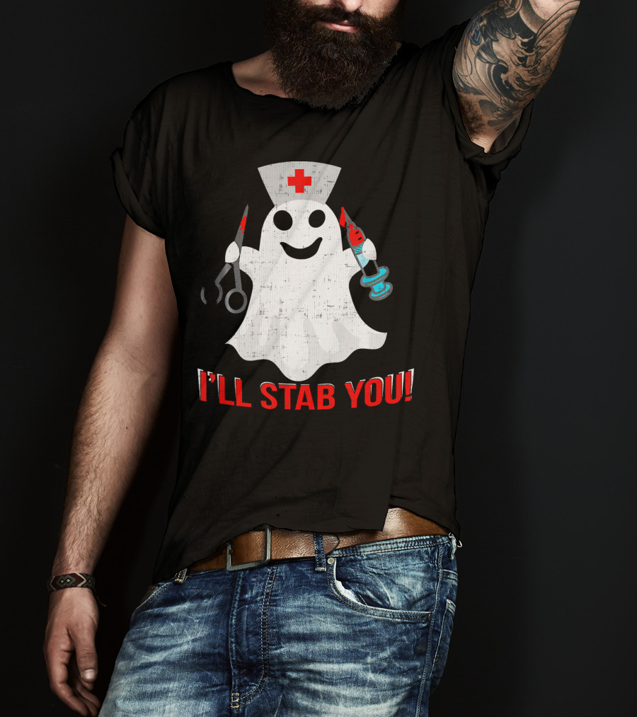 Funny Ghost Nurse I'll Stab You Halloween Humor T-Shirt
