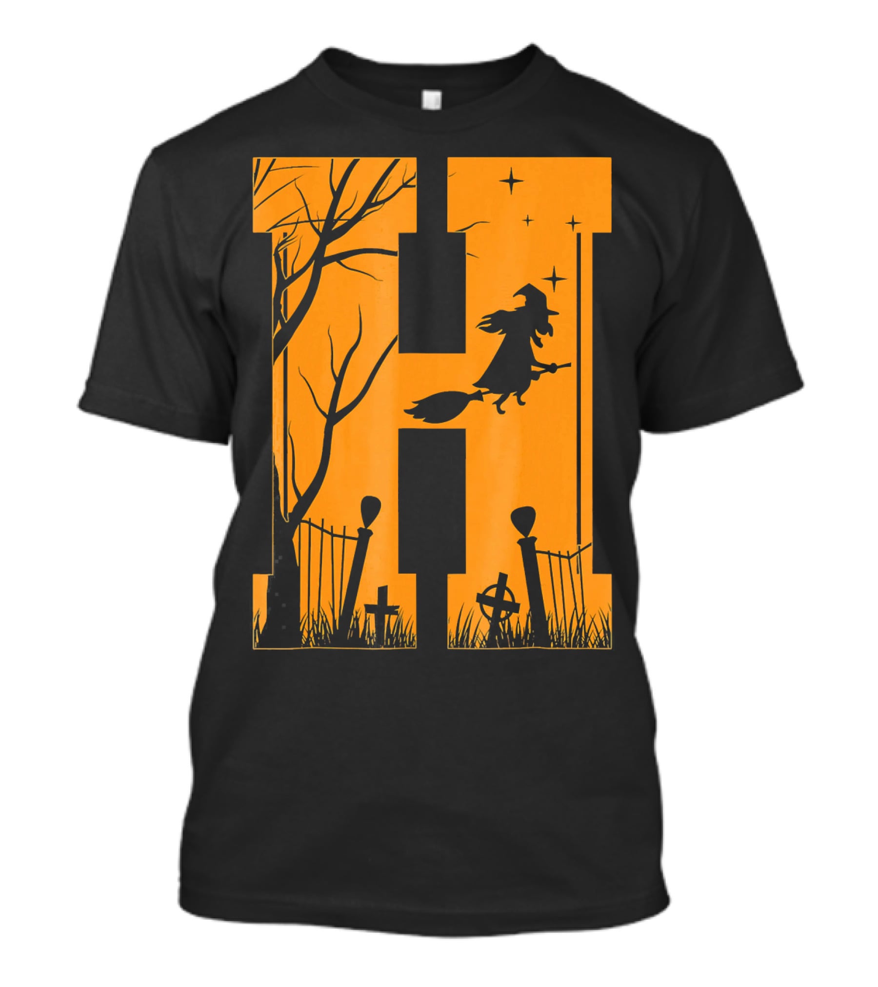 Letter H Halloween Witch Graveyard Scene T-Shirt