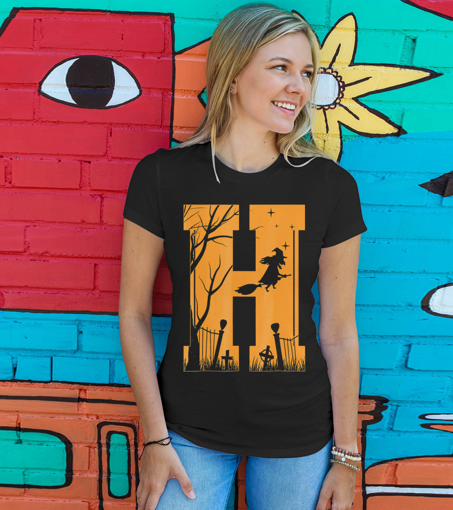 Letter H Halloween Witch Graveyard Scene T-Shirt