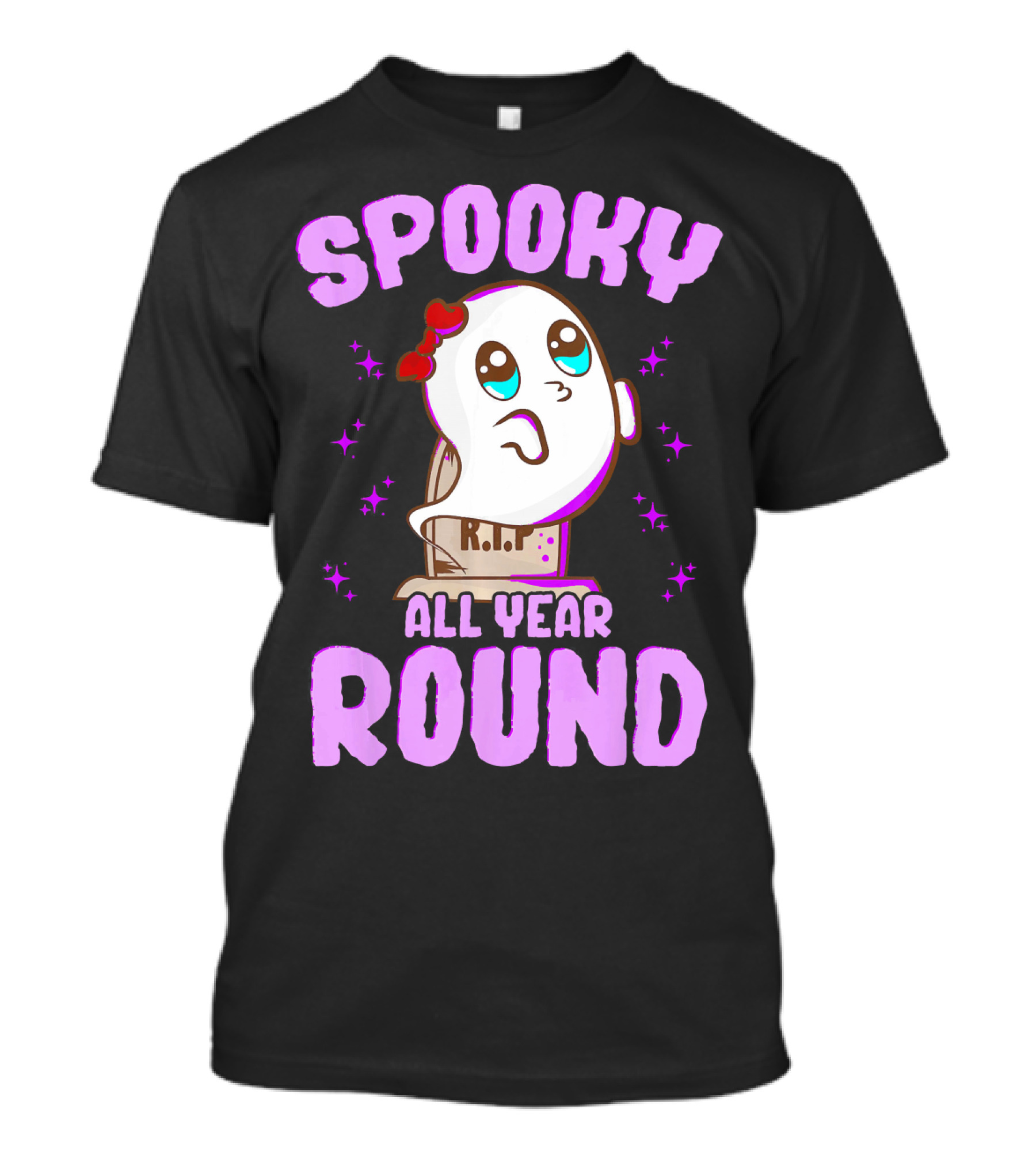 Spooky All Year Round Kawaii Ghost With Glittering Stars And Gravestone T-Shirt