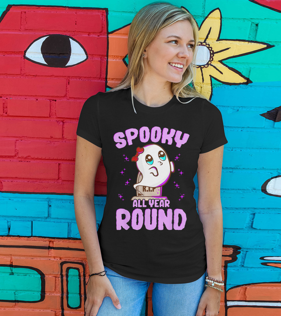 Spooky All Year Round Kawaii Ghost With Glittering Stars And Gravestone T-Shirt