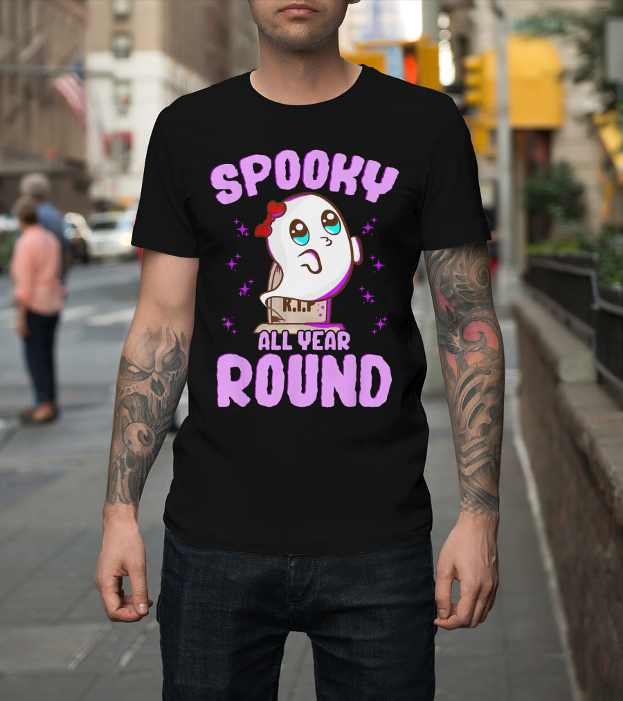 Spooky All Year Round Kawaii Ghost With Glittering Stars And Gravestone T-Shirt