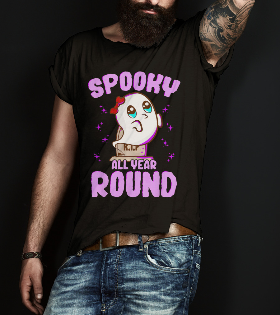 Spooky All Year Round Kawaii Ghost With Glittering Stars And Gravestone T-Shirt