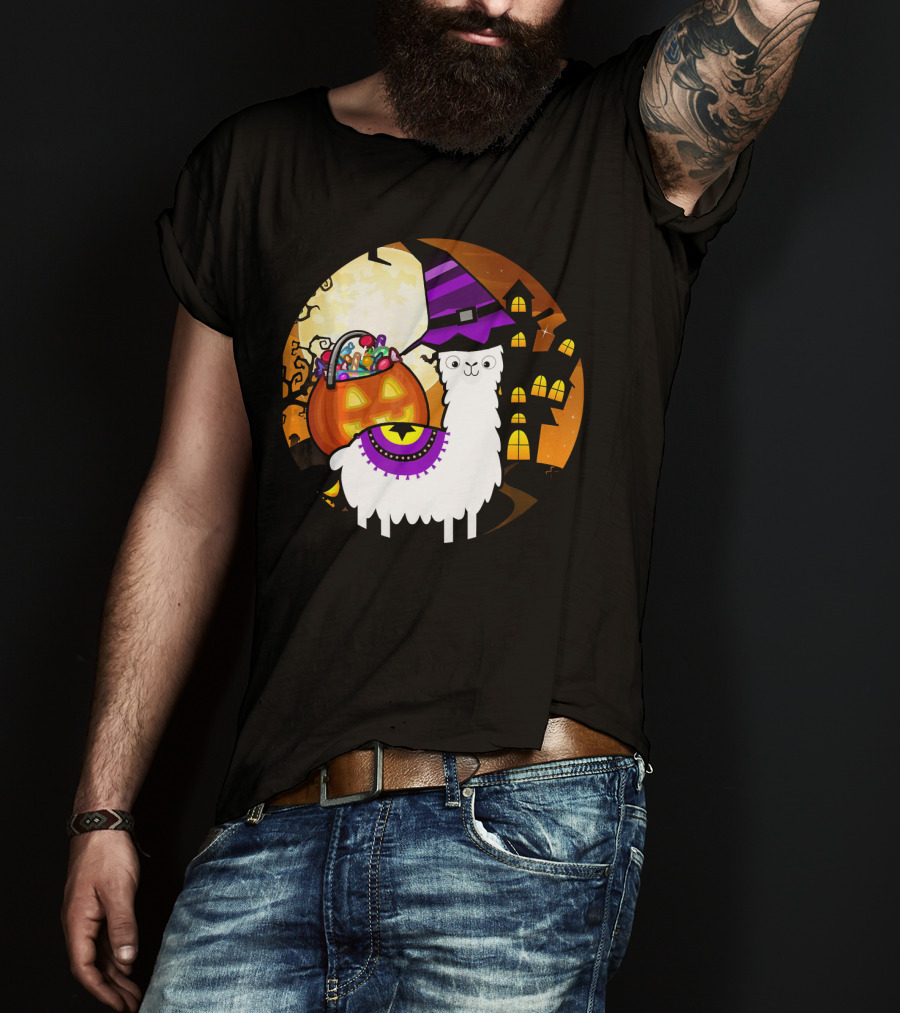 Halloween Llama Funny Alpaca With Witch Hat And Pumpkin House T-Shirt